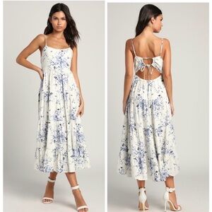 Lulus Mykonos Mood Ivory Floral Print Tie-Strap Tiered Midi Dress Size medium